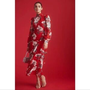 Anthropologie Exquise Tiered Mock-Neck Maxi Dress 
Floral Red Long Sleeve Dress
